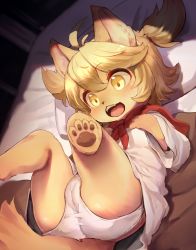 Rule 34 | absurdres, ahoge, bed, blonde hair, blouse, blush, cameltoe, cleft of venus, fangs, furry, furry female, hands on own chest, highres, legs up, little tail bronx, lolo (kemonono), mei marzipan, open mouth, paid reward available, pillow, ponytail, red scarf, scarf, senjou no fuuga, shadow, shirt, short hair, solo, teeth, tongue, white shirt, yellow eyes