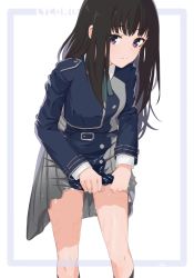 Rule 34 | 1girl, anho, belt, black hair, blue belt, blue jacket, copyright name, framed, frown, grey skirt, inoue takina, jacket, leaning forward, long hair, long sleeves, looking at viewer, lycoris recoil, purple eyes, signature, simple background, skirt, solo, thighs, wet, wet clothes, wet skirt, white background, wringing clothes, wringing skirt