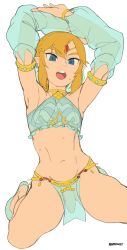 Rule 34 | 1boy, absurdres, armpits, arms up, bad id, bad pixiv id, blonde hair, blue eyes, brekkist, crossdressing, detached sleeves, earrings, gerudo set (zelda), highres, jewelry, link, male focus, navel, nintendo, open mouth, pelvic curtain, penis, pointy ears, see-through, simple background, solo, stomach, the legend of zelda, the legend of zelda: breath of the wild, trap