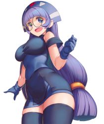 Rule 34 | 1girl, bare shoulders, black gloves, black thighhighs, blush, boots, breasts, commentary request, dress, from below, glasses, gloves, gluko, hair ornament, headdress, headset, large breasts, long hair, mon colle knights, open mouth, purple eyes, purple hair, rokumon tengai mon colle knight, rotix, simple background, smile, solo, thigh boots, thighhighs, white background