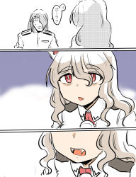 Rule 34 | 1boy, 1girl, 3koma, admiral (kancolle), alternate eye color, ascot, bags under eyes, breast pocket, collared shirt, comic, epaulettes, fangs, grey hair, hair between eyes, hair over one eye, hair over shoulder, hat, highres, kantai collection, long hair, long sleeves, military, military uniform, mini hat, naval uniform, open mouth, pocket, pola (kancolle), poyo (hellmayuge), red ascot, shirt, speech bubble, sweat, teeth, thick eyebrows, tilted headwear, translated, uniform, upper body, wavy hair, wavy mouth, white shirt, wide-eyed