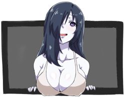 Rule 34 | 1girl, black hair, breasts, cleavage, colored skin, covered erect nipples, hair over one eye, large breasts, long hair, looking at viewer, open mouth, purple eyes, smile, solo, television, the ring, through medium, through screen, upper body, very long hair, white skin, yamamura sadako