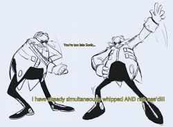 Rule 34 | 1boy, arm up, bald, blue background, boots, clenched hand, dr. eggman, english text, eyewear on head, facial hair, full body, gloves, goggles, grin, hand on own hip, happy, jacket, long nose, long sleeves, male focus, mimiipyon, monochrome, motion lines, multiple views, mustache, nae nae (dance), outstretched arm, pants, simple background, sketch, smile, sonic (series), standing, talking, teeth