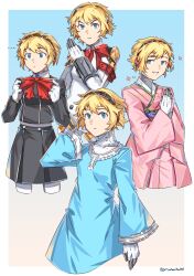 Rule 34 | ..., 1girl, aegis (persona), android, black jacket, black skirt, blonde hair, blue background, blue dress, blue eyes, bow, bowtie, dress, gradient background, graysheartart, hairband, highres, jacket, japanese clothes, joints, kimono, light smile, looking at viewer, mechanical arms, multiple views, own hands together, parted lips, persona, persona 3, pink kimono, pleated skirt, robot joints, school uniform, short hair, simple background, skirt, solo, twitter username, white background