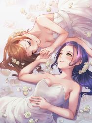 Rule 34 | 2girls, :d, absurdres, bare shoulders, blue eyes, blue hair, breasts, brown hair, cleavage, dress, female focus, flower, hair flower, hair ornament, highres, holding hands, jewelry, kurono hyouka, long dress, long hair, lying, medium breasts, multiple girls, on back, on side, open mouth, original, ring, sleeveless, sleeveless dress, small breasts, smile, strapless, strapless dress, twitter username, watermark, wedding band, wedding dress, white dress, white flower, wife and wife, yellow eyes, yuri