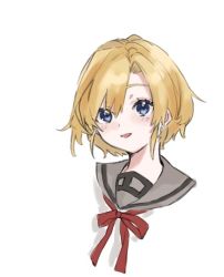 Rule 34 | 1girl, abukuma (kancolle), alternate hair length, alternate hairstyle, bad id, bad twitter id, blonde hair, blue eyes, commentary request, eyebrows, kamisuiori, kantai collection, neck ribbon, open mouth, parted bangs, portrait, ribbon, sailor collar, short hair, simple background, smile, white background