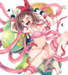 Rule 34 | 1girl, ;d, armpits, bad id, bad pixiv id, bestiality, blush, bound, bound arms, bound wrists, bra, breasts, brown hair, cleavage, cradily, creatures (company), game freak, gen 3 pokemon, gloves, green eyes, highres, laughing, looking at viewer, may (pokemon), medium breasts, nada (nadatickle), navel, nintendo, one eye closed, open mouth, panties, pink bra, pokemon, pokemon (creature), pokemon rse, pokephilia, restrained, short hair, simple background, smile, tears, tentacles, tickle torture, tickling, tickling armpits, tickling feet, tickling stomach, trembling, underwear, white background