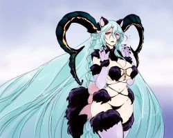 Rule 34 | 1girl, absurdly long hair, animal ears, blue hair, blush, braid, breasts, cosplay, dandara (karakure), elbow gloves, fate/grand order, fate (series), fur trim, gloves, halloween costume, horns, large breasts, long hair, looking at viewer, mash kyrielight, mash kyrielight (dangerous beast), mash kyrielight (dangerous beast) (cosplay), navel, official alternate costume, open mouth, pointy ears, purple eyes, solo, symbol-shaped pupils, tail, thighhighs, tiamat (fate), very long hair, wolf ears, wolf tail