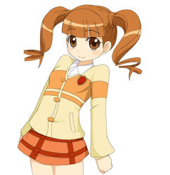 Rule 34 | 00s, 1girl, badge, brown eyes, brown hair, buttons, cowboy shot, dress, drill hair, eyebrows, ixy, long hair, looking at viewer, onegai my melody, orange dress, quiff, sanrio, shirt, short dress, simple background, smile, solo, thick eyebrows, twintails, white background, white shirt, yumeno uta