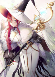 Rule 34 | 1girl, bird wings, dress, earrings, fate/grand order, fate (series), feather boa, hat, highres, holding, holding staff, jewelry, long dress, long hair, mentaikopan, miss crane (fate), red hair, solo, staff, wings, witch hat