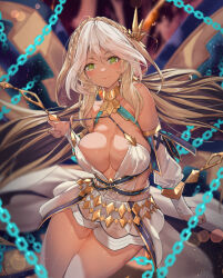 Rule 34 | 1girl, absurdres, andromeda (fate), andromeda (first ascension) (fate), bare shoulders, blonde hair, breasts, cleavage, dark-skinned female, dark skin, fate/grand order, fate (series), green eyes, highres, large breasts, long hair, looking at viewer, smile, solo, ura illust, white hair