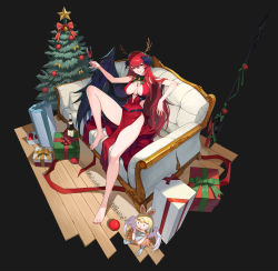 Rule 34 | 1girl, absurdres, alcohol, barefoot, bottle, box, character request, christmas tree, copyright request, couch, dark background, doll, drink, full body, gift, gift box, glass bottle, highres, jason kim, nail polish, red eyes, red hair, red nails, solo focus