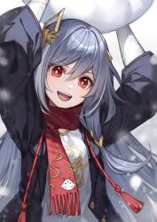Rule 34 | 1girl, :d, arms up, black jacket, fu hua, fu hua (herrscher of sentience), grey hair, grey shirt, hair ornament, highres, holding, holding snowball, hollyyn, honkai (series), honkai impact 3rd, jacket, looking at viewer, open clothes, open jacket, open mouth, red eyes, red scarf, scarf, shirt, smile, snow, snowball, solo, teeth, upper body, upper teeth only, yellow pupils