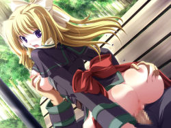 Rule 34 | 1girl, asanami miori, ass, ass grab, bench, blonde hair, blush, grabbing another&#039;s breast, breasts, censored, cowgirl position, game cg, girl on top, grabbing, large breasts, mosaic censoring, outdoors, penis, public indecency, purple eyes, sex, shirogane no soleil, shirogane no soleil ~successor of wyrd~, solo focus, straddling, tears, tsurugi hagane