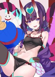 Rule 34 | 1girl, bad id, bad twitter id, breasts, chinese clothes, choker, crop top, detached sleeves, dudou, eyeliner, fang, fate/grand order, fate (series), fox, gourd, hitsukuya, horns, leaning back, looking at viewer, low twintails, makeup, midriff, navel, off shoulder, pelvic curtain, purple eyes, purple hair, short twintails, shuten douji (fate), shuten douji (fate/grand order), shuten douji (halloween caster) (fate), sidelocks, sitting, sketch, skin-covered horns, skirt, small breasts, smile, solo, thighhighs, twintails