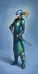 Rule 34 | 1girl, blonde hair, concept art, earthrise (game), gauntlets, ponytail, sheath, sheathed, solo, standing, tabard, unsheathing