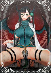 Rule 34 | 1girl, absurdres, apt, ass, black hair, breasts, chastity belt, demon girl, earrings, green eyes, high heels, highres, horns, jewelry, kneeling, lab coat, large breasts, long hair, looking at viewer, open mouth, original, pointy ears, ribbed sweater, smile, solo, spread legs, squatting, sweater, thigh strap, wings