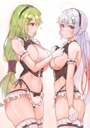 Rule 34 | 2girls, absurdres, alternate costume, bikini, black hairband, blue eyes, blush, breasts, closed mouth, commentary, commission, feet out of frame, girls&#039; frontline, gloves, green hair, hair ornament, hairband, hairclip, heart, heart print, highres, large breasts, long hair, looking at another, looking away, lwmmg (girls&#039; frontline), maid, maid bikini, mk48 (girls&#039; frontline), multicolored hair, multiple girls, muteppona hito, red eyes, sideboob, silver hair, simple background, smile, standing, swimsuit, unconventional maid, white gloves