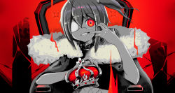Rule 34 | 1girl, absurdres, ahoge, black nails, chair, chuunibyou demo koi ga shitai!, commentary request, crown, unworn crown, eyepatch, fang, fur trim, grin, hand up, highres, looking at viewer, nail polish, one side up, red background, red eyes, royal robe, shikkoku no hono mikado, short hair, sitting, smile, solo, spot color, takanashi rikka