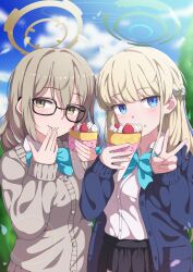 2girls absurdres akane_(blue_archive) akane_(school_uniform)_(blue_archive) black_skirt blonde_hair blue_archive blue_bow blue_bowtie blue_cardigan blue_eyes blue_halo blurry blurry_background bow bowtie breasts cardigan closed_mouth commentary_request crepe food glasses grey_hair halo highres holding holding_crepe holding_food large_breasts long_hair long_sleeves looking_at_viewer mikoshi_(user_wvyd4348) multiple_girls outdoors shirt skirt toki_(blue_archive) toki_(school_uniform)_(blue_archive) v white_shirt yellow_eyes yellow_halo