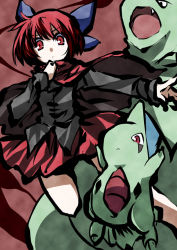 Rule 34 | 1girl, bow, capelet, cloak, creatures (company), crossover, fang, game freak, gen 2 pokemon, hair bow, hemogurobin a1c, knees, larvitar, legs, looking at viewer, nintendo, open mouth, outstretched arm, pokemon, pokemon (creature), red eyes, red hair, sekibanki, skirt, touhou, tyranitar