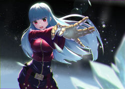 Rule 34 | 1girl, :o, belt, black background, blue hair, blurry, bodysuit, breasts, chaps, cowboy shot, cryokinesis, depth of field, gloves, highres, jacket, kula diamond, long hair, looking at viewer, medium breasts, outstretched arms, reaching, reaching towards viewer, red eyes, schiff o3o, snowflakes, solo, the king of fighters, yellow gloves, zipper