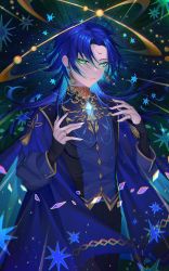Rule 34 | 1boy, absurdres, androgynous, blue hair, chocolate4170615, clothing request, colored inner hair, double halo, earrings, green eyes, halo, highres, jewelry, long hair, long sleeves, looking at viewer, male focus, multicolored hair, original, pants, ring, sky, solo, star (sky), star (symbol), starry background, starry sky
