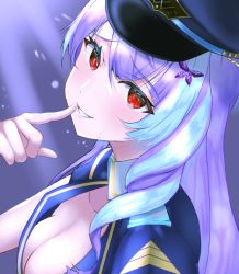 Rule 34 | 1girl, blue hair, blue jacket, blush, breasts, cleavage, collarbone, finger to mouth, head tilt, jacket, looking at viewer, macross, macross delta, mikumo guynemer, multicolored hair, parted lips, portrait, purple hair, red eyes, smile, solo, ssa (kiseion), streaked hair