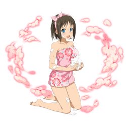Rule 34 | 1girl, blue eyes, bow, brown hair, collarbone, hair bow, hairband, highres, kneeling, looking at viewer, naked towel, official art, open mouth, pink bow, pink hairband, pink towel, print towel, ronye arabel, short hair, short twintails, soap, soles, solo, sword art online, sword art online: alicization, towel, transparent background, twintails