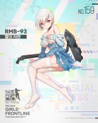 Rule 34 | 1girl, arm support, bare shoulders, bison cangshu, blue dress, breasts, character name, cleavage, cleavage cutout, clothing cutout, collar, collarbone, copyright name, dress, english text, full body, garter straps, girls&#039; frontline, gun, hair between eyes, highres, long sleeves, looking at viewer, low bore axis shotgun, medium breasts, official alternate costume, official art, pump action, red eyes, rmb-93, rmb-93 (cross the milky way) (girls&#039; frontline), rmb-93 (girls&#039; frontline), serious, shield module, short hair, shotgun, silver hair, simple background, sitting, snowflakes, solo, thighhighs, torn clothes, torn dress, torn thighhighs, weapon, white thighhighs