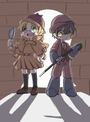Rule 34 | 1boy, 1girl, :d, :|, android, black socks, blonde hair, blush, brick wall, brown footwear, brown hair, cane, child, closed mouth, coat, commentary request, cosplay, detective, facial mark, facial tattoo, formal, full body, green eyes, hair between eyes, hat, highres, holding, holding cane, holding magnifying glass, looking at viewer, made in abyss, magnifying glass, mechanical arms, mechanical hands, mechanical legs, mochi mori, necktie, open mouth, over-kneehighs, pants, pointy ears, regu (made in abyss), riko (made in abyss), robot, shadow, simple background, smile, socks, spotlight, standing, tattoo, teeth, thighhighs, trench coat, upper teeth only, v-shaped eyebrows
