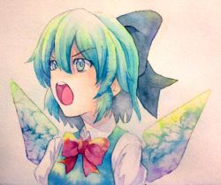 Rule 34 | 1girl, blue eyes, blue hair, bow, cirno, hair bow, ice, ice wings, matching hair/eyes, open mouth, painting (medium), solo, touhou, traditional media, watercolor (medium), wings, yuyu (00365676)