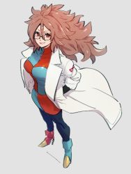 Rule 34 | 1girl, android 21, breasts, checkered clothes, checkered dress, dragon ball, dragon ball fighterz, dress, full body, glasses, grey background, hair between eyes, hands in pockets, kemachiku, lab coat, long hair, looking at viewer, medium breasts, red eyes, red hair, red ribbon army, simple background, smile, solo, standing