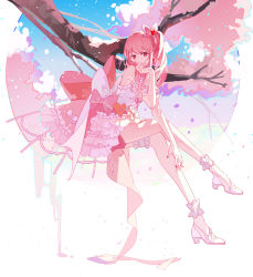 Rule 34 | 1other, akiyama mizuki, ankle cuffs, bow, cherry blossoms, commentary, crinoline, detached sleeves, dress, frilled dress, frills, hair bow, hair ornament, heart, heart-shaped ornament, heart hair ornament, highres, long hair, nail polish, pink bow, pink dress, pink eyes, pink hair, pink theme, project sekai, puffy short sleeves, puffy sleeves, red nails, shoes, short sleeves, side ponytail, sitting, solo, thigh strap, white background, white footwear, yoruake
