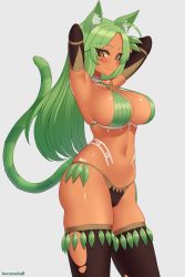 Rule 34 | 1girl, ahoge, animal ear fluff, animal ears, armpits, arms behind head, arms up, artist name, black thighhighs, blush, breasts, cat ears, cat tail, commentary request, commission, cowboy shot, dark-skinned female, dark skin, elbow gloves, eyes visible through hair, female focus, gloves, green eyes, grey background, kuroonehalf, large breasts, leaf, long hair, looking at viewer, navel, original, simple background, smile, solo, tail, tattoo, thighhighs, torn clothes, torn thighhighs, yellow eyes