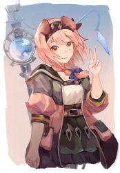 Rule 34 | 1girl, absurdres, animal ears, arknights, black bow, black hairband, black jacket, black skirt, blue bow, bow, braid, cat ears, cat girl, cowboy shot, floppy ears, goldenglow (arknights), gradient background, hair bow, hairband, hand up, highres, jacket, lightning bolt print, looking at viewer, multicolored clothes, multicolored jacket, open clothes, open jacket, orange eyes, pink jacket, print hairband, shirt, simple background, skirt, smile, solo, staff, starfish11, two-tone jacket, v, white shirt