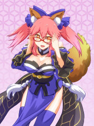 Rule 34 | 10s, 1girl, animal ears, bad id, bad pixiv id, bell, bespectacled, blue thighhighs, bow, breasts, cleavage, collar, detached sleeves, fate/extra, fate/grand order, fate (series), fox ears, fox tail, garutaisa, glasses, hair bow, hair ribbon, japanese clothes, large breasts, neck bell, pink hair, red-framed eyewear, ribbon, solo, tail, tamamo (fate), tamamo no mae (fate/extra), thighhighs, twintails, yellow eyes