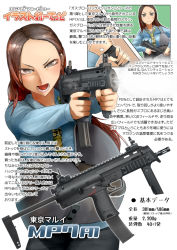 Rule 34 | 1girl, airsoft review illustrated, breasts, brown hair, didloaded, grey eyes, gun, h&amp;k mp7, handgun, heckler &amp; koch, information sheet, iron sights, japanese text, large breasts, muzzle device, original, personal defense weapon, polygonal rifling, sidearm, stock (firearm), submachine gun, telescoping stock, text focus, translation request, vertical forward grip, weapon, weapon focus, weapon profile