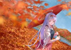 Rule 34 | 001machi, 1girl, autumn leaves, bad id, bad twitter id, blue sky, blurry, cloud, cowboy shot, day, depth of field, dutch angle, hairband, hakama, hakama short skirt, hakama skirt, hip vent, japanese clothes, kantai collection, long hair, looking at viewer, mountain, muneate, oil-paper umbrella, outdoors, red hairband, red hakama, shoukaku (kancolle), skirt, sky, solo, umbrella, white hair, yellow eyes