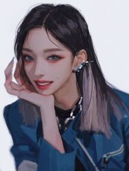 Rule 34 | 1girl, aespa, black hair, black shirt, blue eyes, blue jacket, ear piercing, eyeshadow, fingernails, grey hair, grey nails, hair behind ear, hand on own chin, jacket, jewelry, k-pop, leaning forward, long fingernails, looking at viewer, makeup, multicolored hair, necklace, parted lips, piercing, pink eyeshadow, portrait, real life, realistic, red lips, sharp fingernails, shirt, smile, solo, two-tone hair, winter (aespa), zero q 0q