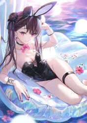 Rule 34 | 1girl, animal ears, bare arms, bare legs, bare shoulders, black choker, black hairband, black leotard, bow, bowtie, breasts, brown hair, card, choker, cleavage, closed mouth, collarbone, crescent, crescent earrings, double bun, earrings, fake animal ears, flower, groin, hair bun, hair ornament, hair scrunchie, hairband, hand up, highleg, highleg leotard, inflatable raft, jewelry, leotard, long hair, looking at viewer, lying, medium breasts, nail polish, on side, original, ouri (aya pine), pink flower, playboy bunny, playing card, rabbit ears, reclining, red eyes, red nails, scrunchie, second-party source, smile, solo, strapless, strapless leotard, thigh strap, thighs, twintails, water, wrist cuffs