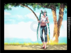 Rule 34 | !, !!, 00s, 1girl, ?, accidental exposure, angry, animated, animated gif, aqua eyes, aqua hair, bikini, bikini top only, blush, censored, cloud, denim, embarrassed, closed eyes, hatsune miku, jeans, long hair, open mouth, open shoes, outdoors, pants, pubic hair, sandals, sky, slideshow, standing, swimsuit, tree, twintails, undressing, vocaloid, wokada