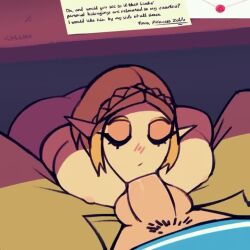 Rule 34 | 1boy, 1girl, animated, blonde hair, breasts, cdlum, desk, elf, english text, fellatio, half-closed eyes, interior, large breasts, letter, link, looking at viewer, opaluva, oral, penis, pointy ears, pov, princess zelda, sitting, sound, stealth fellatio, stealth sex, uncensored, under table, video