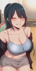 Rule 34 | 1girl, black hair, black jacket, blue bra, blush, bra, grey shorts, highres, jacket, long hair, looking at viewer, open clothes, open jacket, sae-yeon, sextudy group, shorts, sitting, smile, solo, underwear, very long hair, yellow eyes