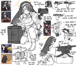 Rule 34 | 1girl, aiming, automatic grenade launcher, blue archive, breasts, closed mouth, cross, cross necklace, dress, flukhan, fn five-seven, game screenshot, grenade launcher, gun, habit, hair over one eye, halo, handgun, highres, hinata (blue archive), holding, holding gun, holding weapon, jewelry, kneeling, korean text, large breasts, long hair, long sleeves, multiple views, necklace, necktie, on one knee, pdw-caliber pistol, reference inset, simple background, translation request, twitter username, weapon, white background, wide sleeves