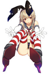 Rule 34 | 10s, 1girl, alternate eye color, black panties, blonde hair, boots, elbow gloves, foreshortening, full body, gloves, hairband, highres, kantai collection, long hair, looking at viewer, navel, outstretched arms, outstretched hand, panties, personification, red eyes, shimakaze (kancolle), simple background, sitting, solo, striped clothes, striped thighhighs, thighhighs, underwear, white background, white gloves, yuukyuu ponzu
