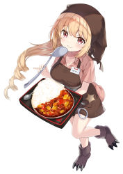 Rule 34 | 1girl, apron, blonde hair, blush, breasts, brown apron, cleavage, closed mouth, collarbone, collared shirt, commentary request, copyright request, curry, curry rice, dress shirt, food, full body, fur trim, hair between eyes, head scarf, highres, holding, holding tray, ladle, long hair, medium breasts, minamoto mamechichi, official art, paw shoes, pink shirt, red eyes, rice, shirt, short sleeves, simple background, smile, solo, spoon, standing, standing on one leg, translation request, tray, very long hair, white background