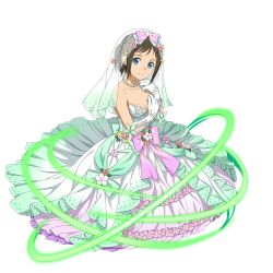 Rule 34 | 1girl, blue bow, blue eyes, bow, breasts, bridal veil, brown hair, cleavage, closed mouth, collarbone, dress, gloves, hair bow, highres, jewelry, kneeling, layered dress, long dress, looking at viewer, medium breasts, necklace, official art, pink bow, ronye arabel, short hair, sleeveless, sleeveless dress, smile, solo, strapless, strapless dress, sword art online, sword art online: memory defrag, transparent background, veil, wedding dress, white dress, white gloves