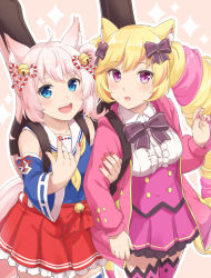 Rule 34 | 2girls, \m/, ahoge, animal ears, bell, blonde hair, blue eyes, bow, cat ears, cat girl, cat tail, detached sleeves, drill hair, fox ears, fox girl, fox tail, hair bow, highres, howan (show by rock!!), jingle bell, light blush, locked arms, long hair, looking at viewer, machikado, mashima himeko (show by rock!!), multicolored hair, multiple girls, nail polish, open mouth, pink background, pink hair, purple eyes, short hair, show by rock!!, simple background, skirt, smile, sparkle background, tail, teeth, thighhighs, twintails, upper teeth only, very long hair, white hair, yuri