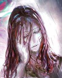 Rule 34 | 1boy, ao (en6gtl), bishounen, closed eyes, eyelashes, fate/grand order, fate (series), hand in own hair, hand on own face, highres, long hair, male focus, painterly, portrait, rain, red hair, sad, solo, tristan (fate), wet, wet hair